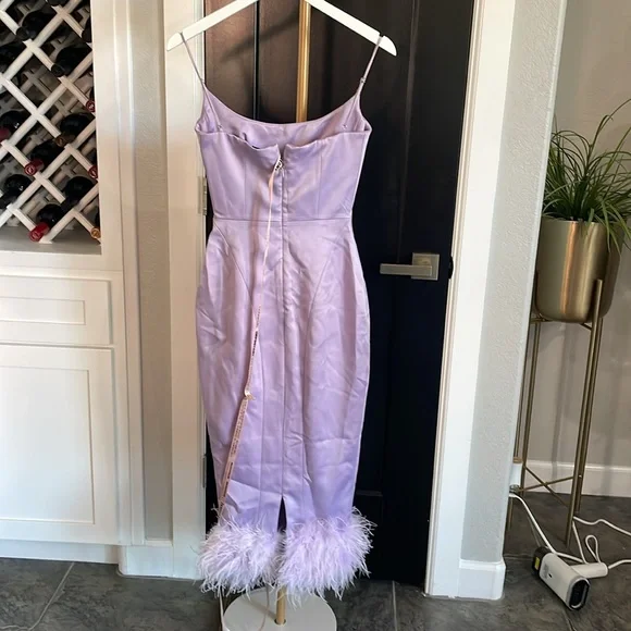NWT House‎ of CB Helena Orchid Satin Midi Dress with Feathers Sz XS $285 Midi